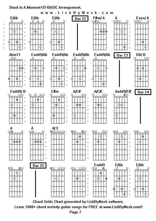 Chord Grids Chart of chord melody fingerstyle guitar song-Stuck In A Moment-U2-BASIC Arrangement,generated by LickByNeck software.